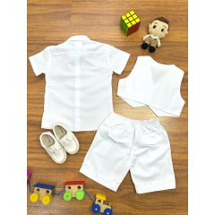 Conjunto Social Short Camisa Colete Gravata Suspensório Branco
