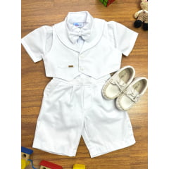 Conjunto Social Short Camisa Colete Gravata Suspensório Branco