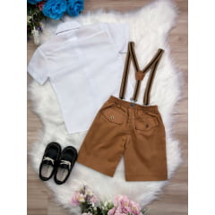 Conjunto Social Short Camisa Gravata Susp. Caramelo Escuro