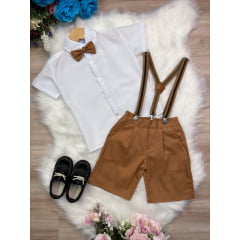 Conjunto Social Short Camisa Gravata Susp. Caramelo Escuro