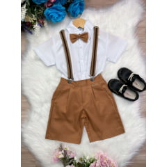 Conjunto Social Short Camisa Gravata Susp. Caramelo Escuro