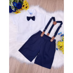 Conjunto Social Short Camisa Gravata Suspensório Branco Azul
