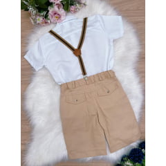 Conjunto Social Short Camisa Gravata Suspensório Caqui