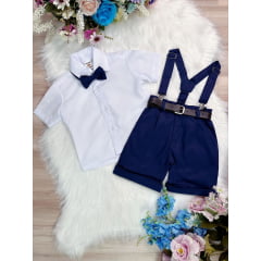 Conjunto Social Short Susp. Gravata Azul Marinho Camisa