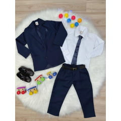 Terno Social Camisa Branca C/ Gravata e Calça Azul Marinho