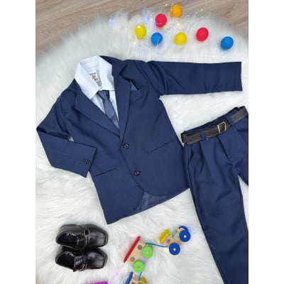 Terno Social Camisa Branca C/ Gravata e Calça Azul Marinho