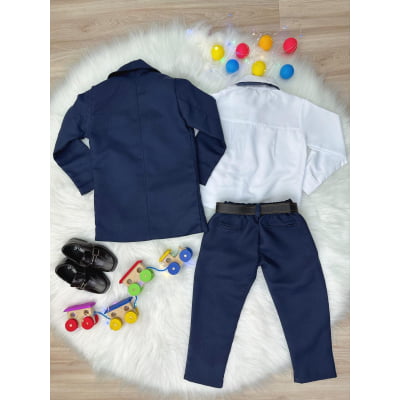 Terno Social Camisa Branca C/ Gravata e Calça Azul Marinho