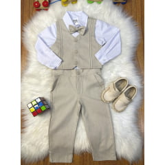 Conjunto Social Pajem com Camisa Branca Calça e Colete Bege