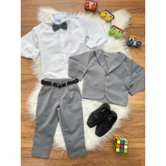 Terno Social Pajem Com Calça Gravata Cinza e Camisa Branca