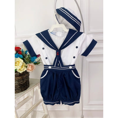 Conjunto Marinheiro Camisa Short e Boina Azul Marinho PMG