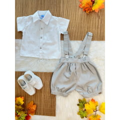 Conjunto Social Bebê C/ Camisa Short Gravata e Susp. Cinza