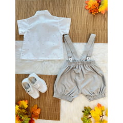 Conjunto Social Bebê C/ Camisa Short Gravata e Susp. Cinza