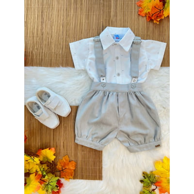 Conjunto Social Bebê C/ Camisa Short Gravata e Susp. Cinza