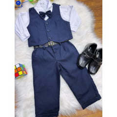 Conjunto Social Bebê Calça Colete Azul Escuro e Camisa Branca