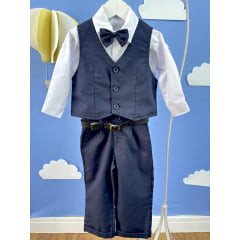 Conjunto Social Bebê Calça Colete Azul Escuro e Camisa Branca