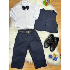 Conjunto Social Bebê Calça Colete Azul Escuro e Camisa Branca