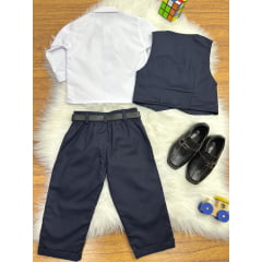 Conjunto Social Bebê Calça Colete Azul Escuro e Camisa Branca