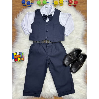 Conjunto Social Bebê Calça Colete Azul Escuro e Camisa Branca