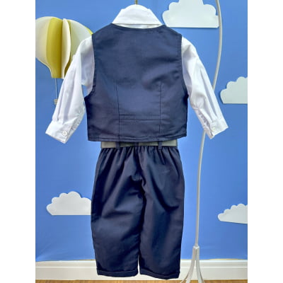 Conjunto Social Bebê Calça Colete Azul Escuro e Camisa Branca