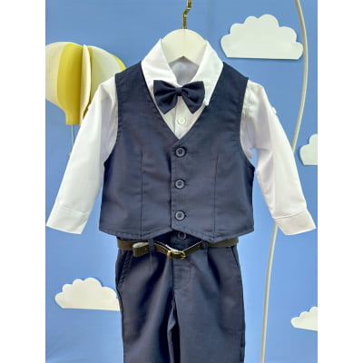 Conjunto Social Bebê Calça Colete Azul Escuro e Camisa Branca