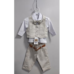 Conjunto Social Bebê Calça Colete Bege e Camisa Branca