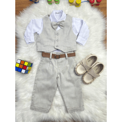 Conjunto Social Bebê Calça Colete Bege e Camisa Branca