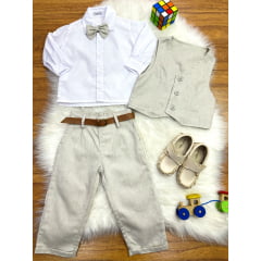 Conjunto Social Bebê Calça Colete Bege e Camisa Branca
