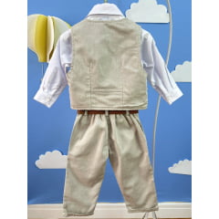 Conjunto Social Bebê Calça Colete Bege e Camisa Branca