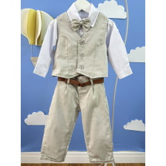 Conjunto Social Bebê Calça Colete Bege e Camisa Branca