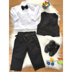 Conjunto Social Bebê Calça Colete Preto e Camisa Branca