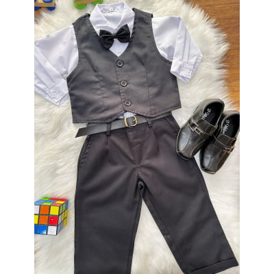Conjunto Social Bebê Calça Colete Preto e Camisa Branca