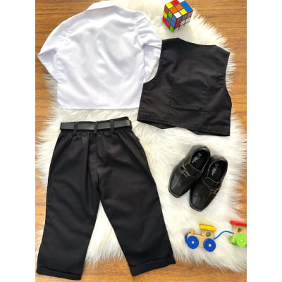 Conjunto Social Bebê Calça Colete Preto e Camisa Branca