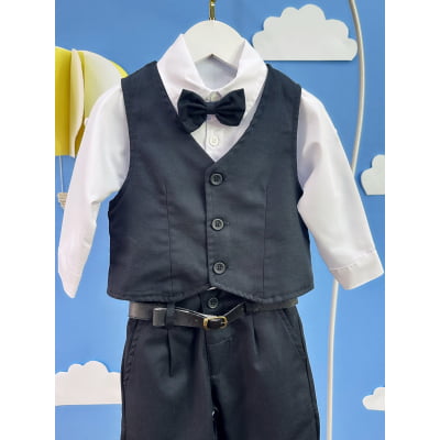 Conjunto Social Bebê Calça Colete Preto e Camisa Branca