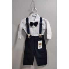 Conjunto Social Bebê Calça Susp. Azul Escuro e Camisa Branca