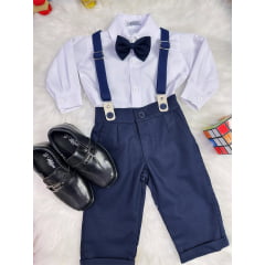Conjunto Social Bebê Calça Susp. Azul Escuro e Camisa Branca