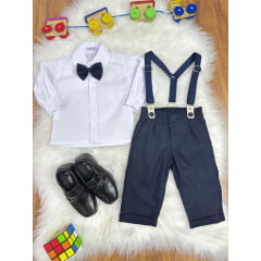Conjunto Social Bebê Calça Susp. Azul Escuro e Camisa Branca