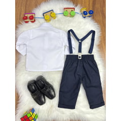 Conjunto Social Bebê Calça Susp. Azul Escuro e Camisa Branca
