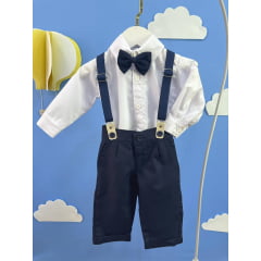 Conjunto Social Bebê Calça Susp. Azul Escuro e Camisa Branca