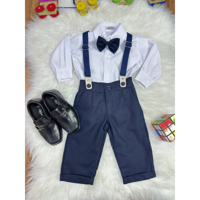 Conjunto Social Bebê Calça Susp. Azul Escuro e Camisa Branca