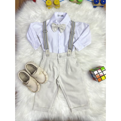 Conjunto Social Bebê Calça Susp.Bege e Camisa Branca