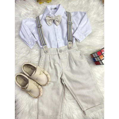 Conjunto Social Bebê Calça Susp.Bege e Camisa Branca