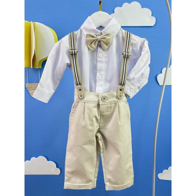 Conjunto Social Bebê Calça Susp.Bege e Camisa Branca