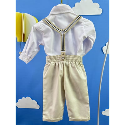 Conjunto Social Bebê Calça Susp.Bege e Camisa Branca