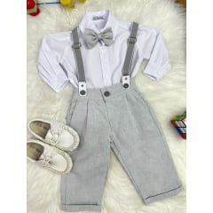 Conjunto Social Bebê Calça Susp. Cinza Claro e Camisa Branca