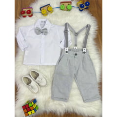 Conjunto Social Bebê Calça Susp. Cinza Claro e Camisa Branca