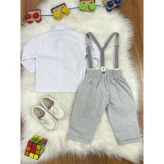 Conjunto Social Bebê Calça Susp. Cinza Claro e Camisa Branca
