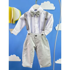 Conjunto Social Bebê Calça Susp. Cinza Claro e Camisa Branca