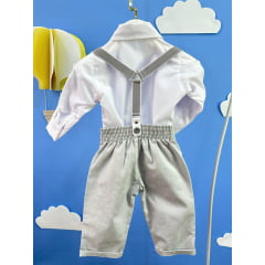 Conjunto Social Bebê Calça Susp. Cinza Claro e Camisa Branca