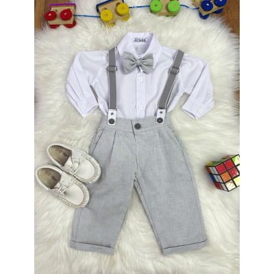 Conjunto Social Bebê Calça Susp. Cinza Claro e Camisa Branca