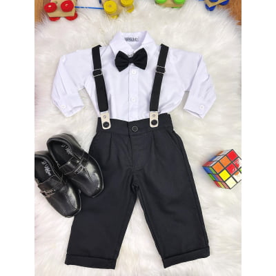 Conjunto Social Bebê Calça Susp. Preto e Camisa Branca